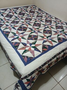 Arch Quilts Elmsford NY 8 Point Star Calico Quilt Queen Blanket 3 Shams set vtg